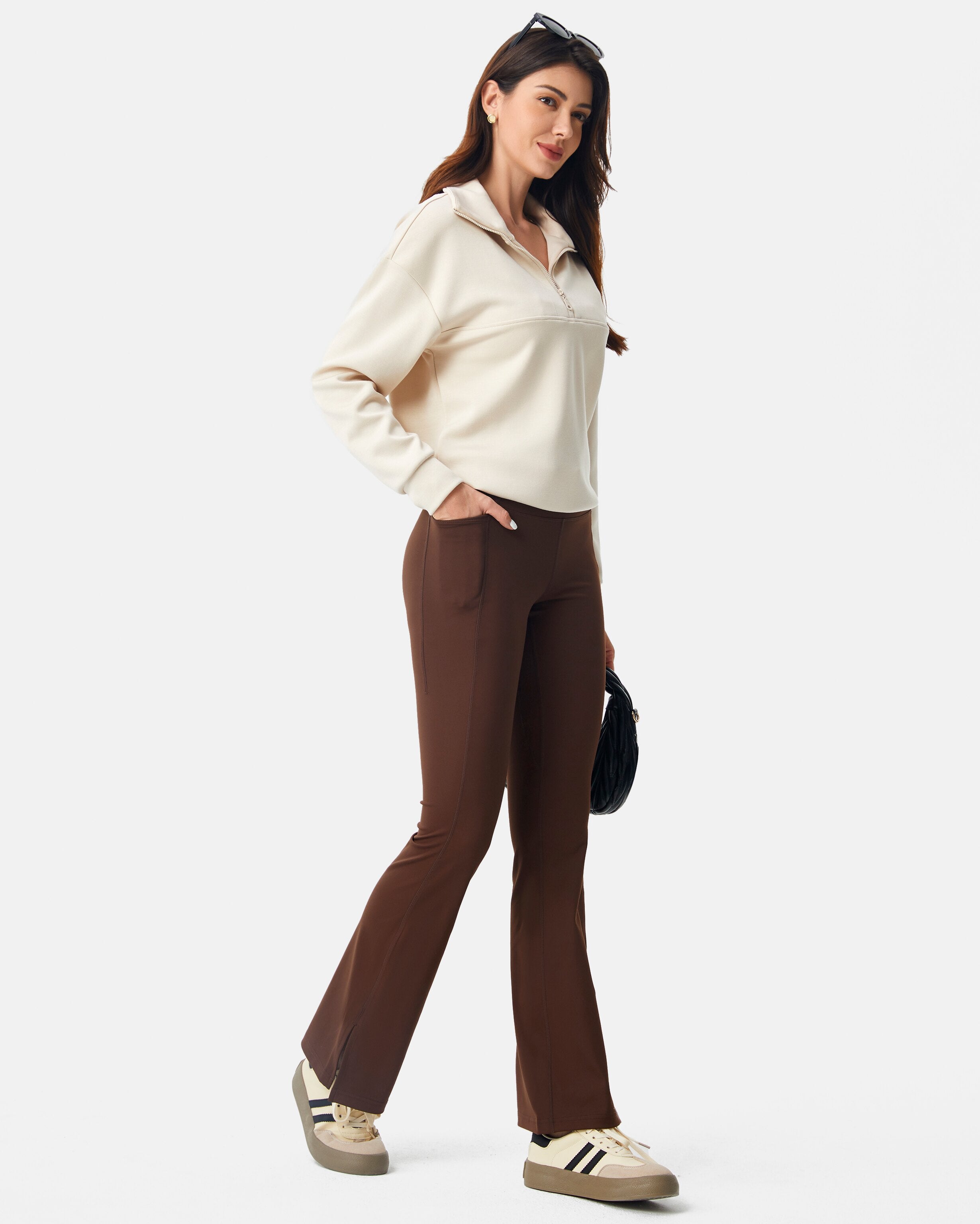 flared dress pants for women dark brown
